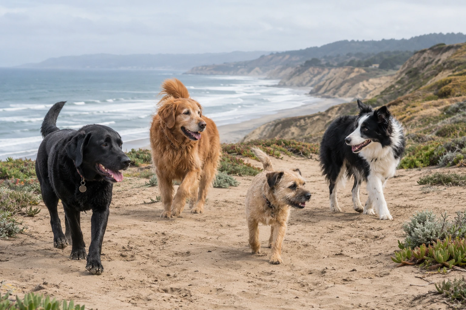 Four dogs exploring a sandy coastal trail — illustrative image