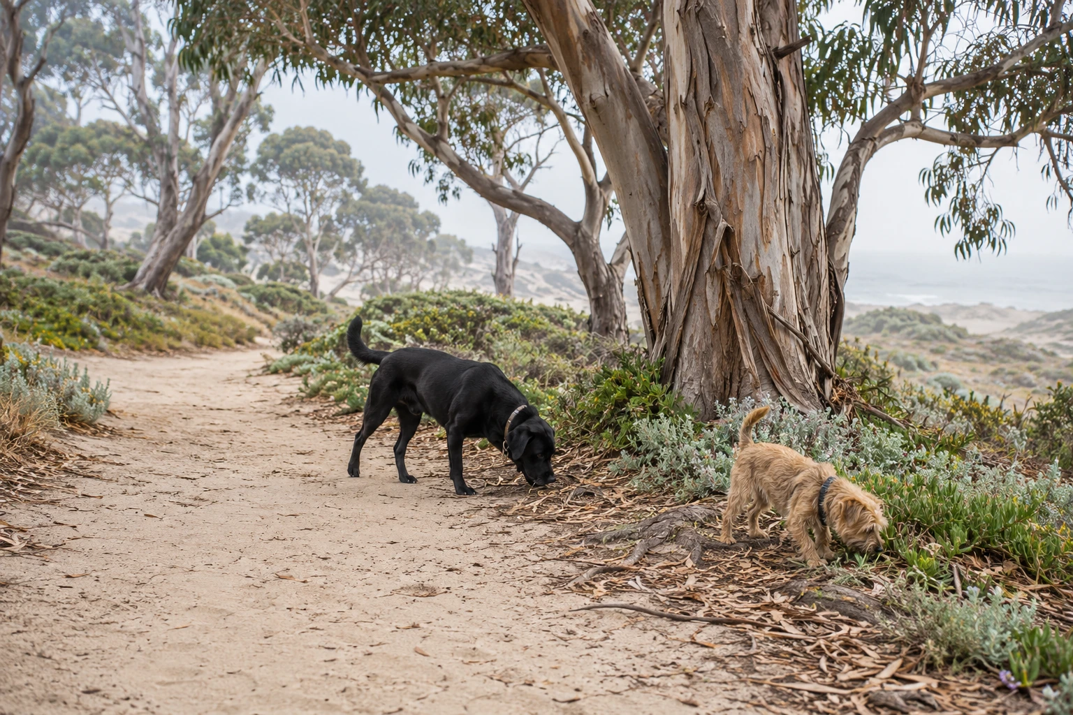 Dogs exploring a eucalyptus trail — illustrative image